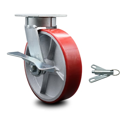 Service Caster 8 Inch Kingpinless Red Poly on Steel Wheel Caster with Brake and Swivel Lock SCC-KP30S820-PUR-RS-SLB-BSL